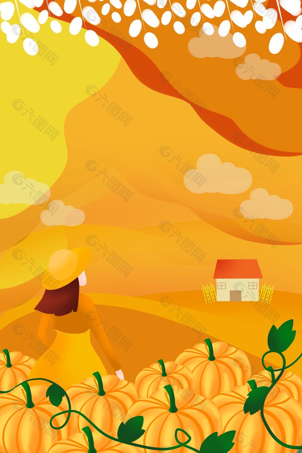 卡通唯美黃色背景秋季風(fēng)景畫