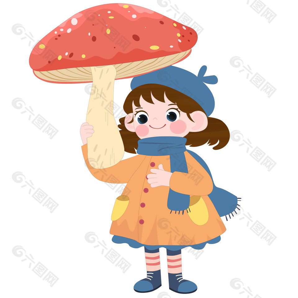 舉著蘑菇的小女孩卡通兒童插畫