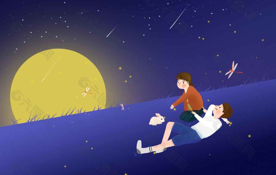 藍(lán)色治愈中秋夜晚溫馨賞月插畫