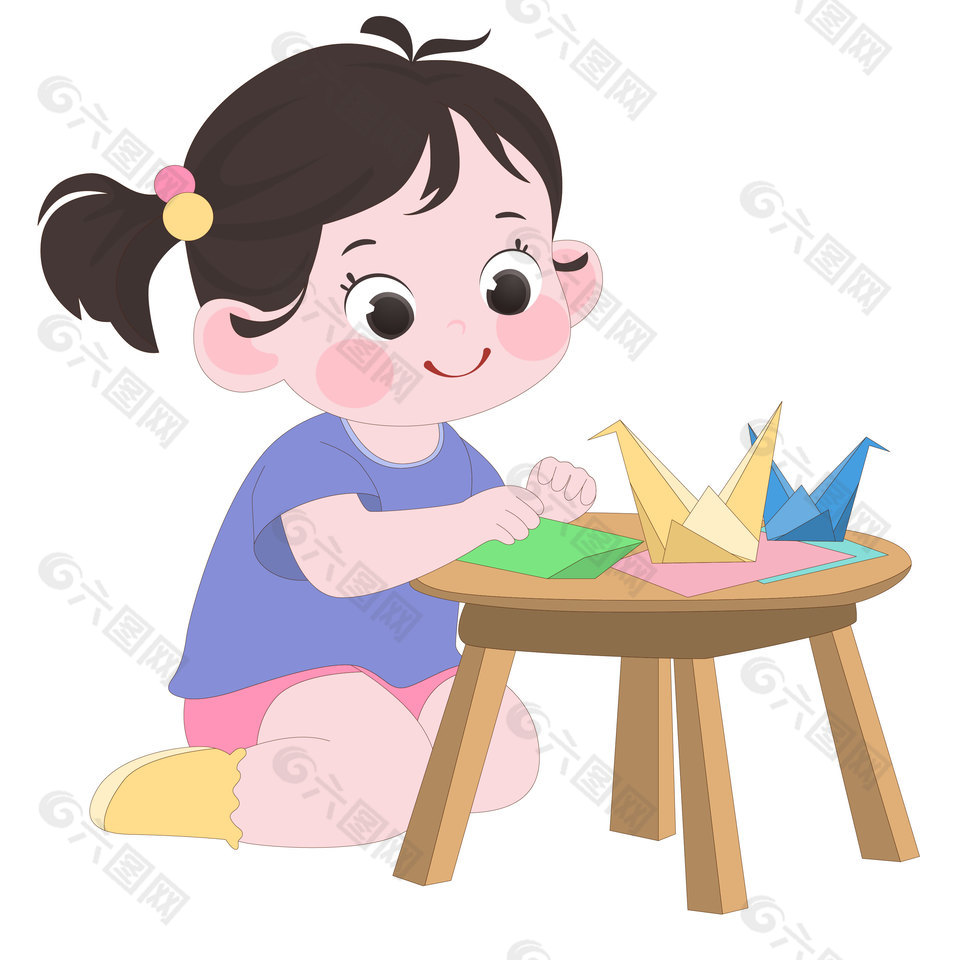 認(rèn)真做手工疊彩色千紙鶴的可愛(ài)女孩插畫