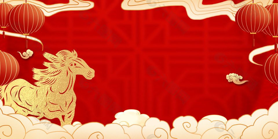 扁平風紅燈籠祥云邊框馬年元素背景設計