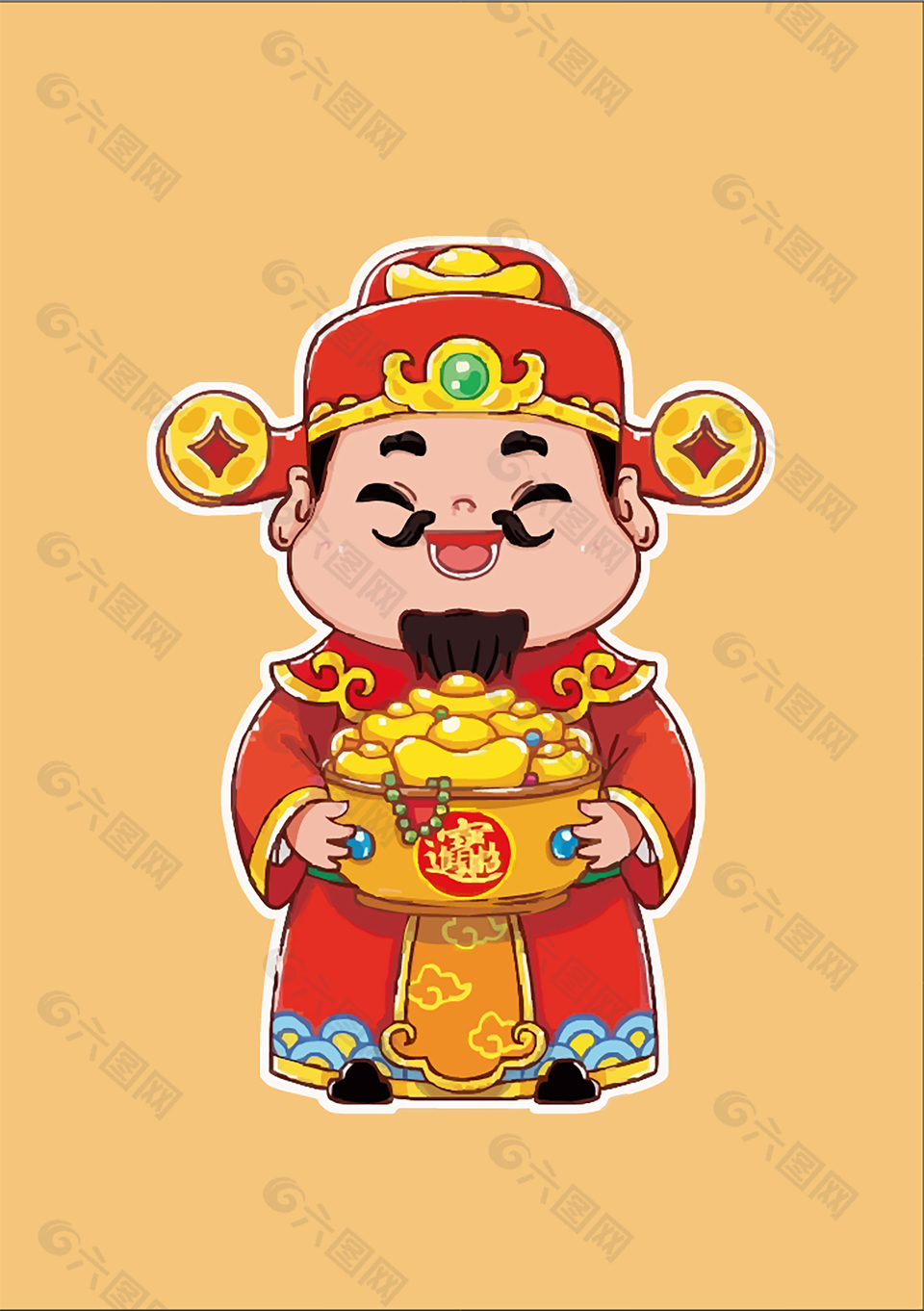 可愛財神爺抱金元寶卡通形象