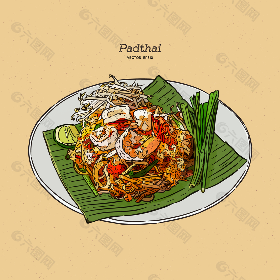 清新手繪泰式炒河粉特色美食插畫