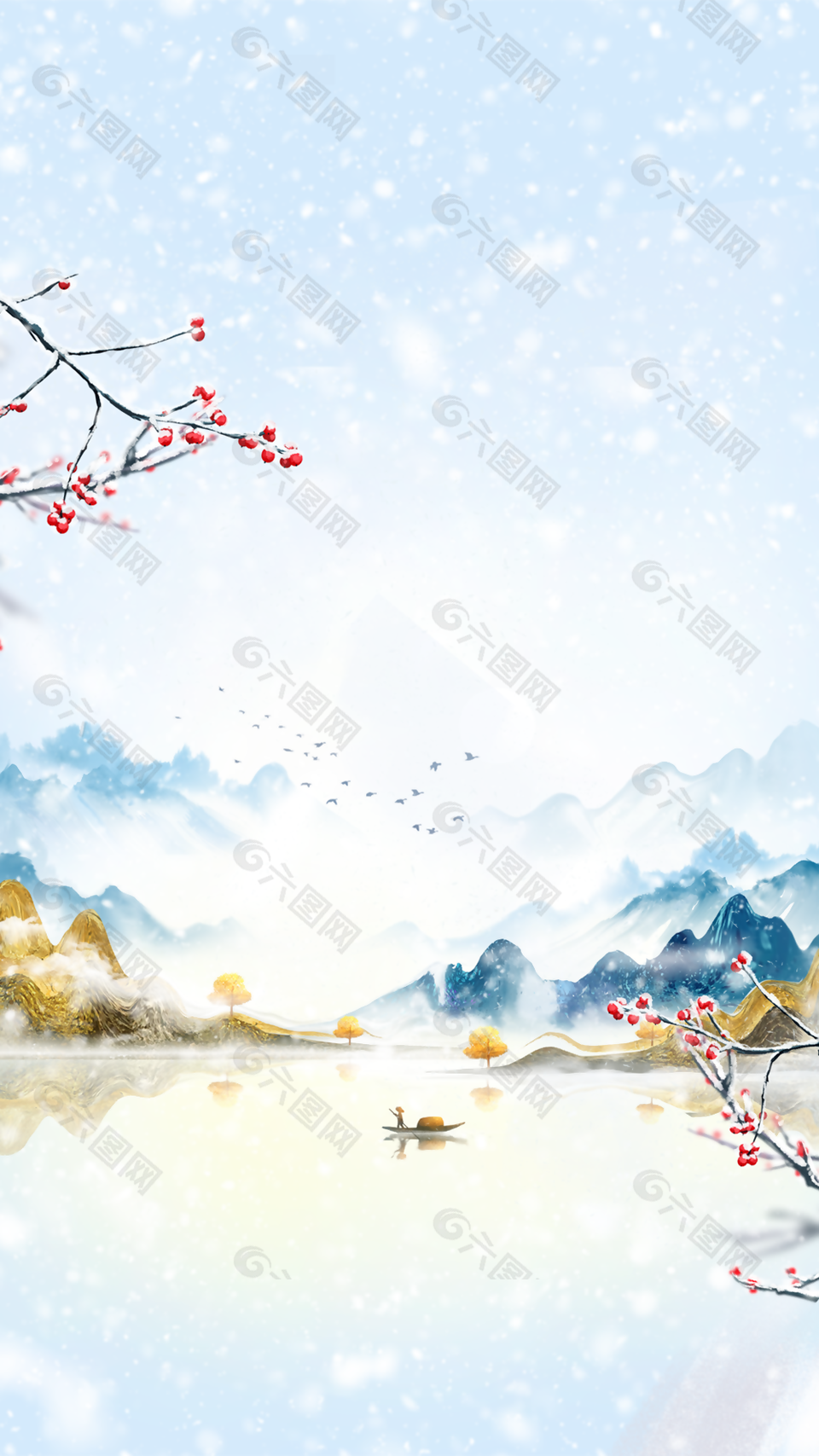 簡約大氣寒冬湖泊雪景背景設計