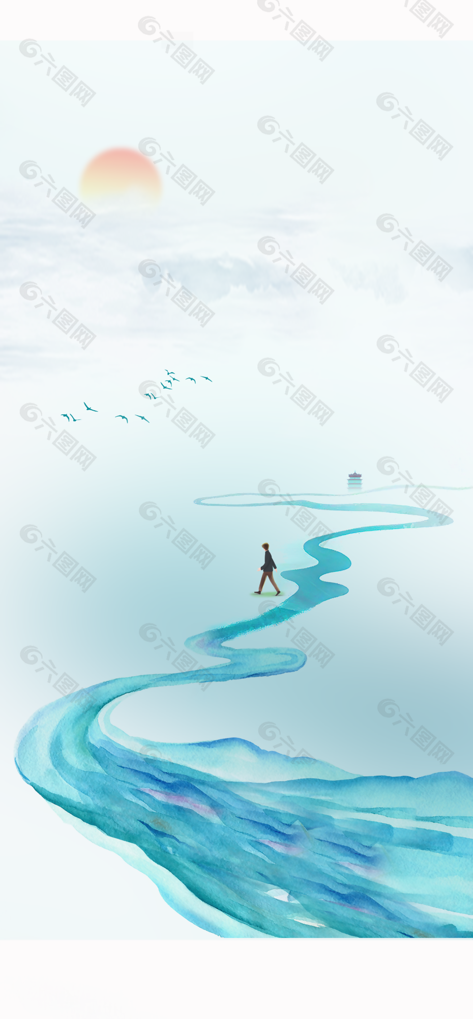 手繪水彩風河流紋理日出場景背景插畫