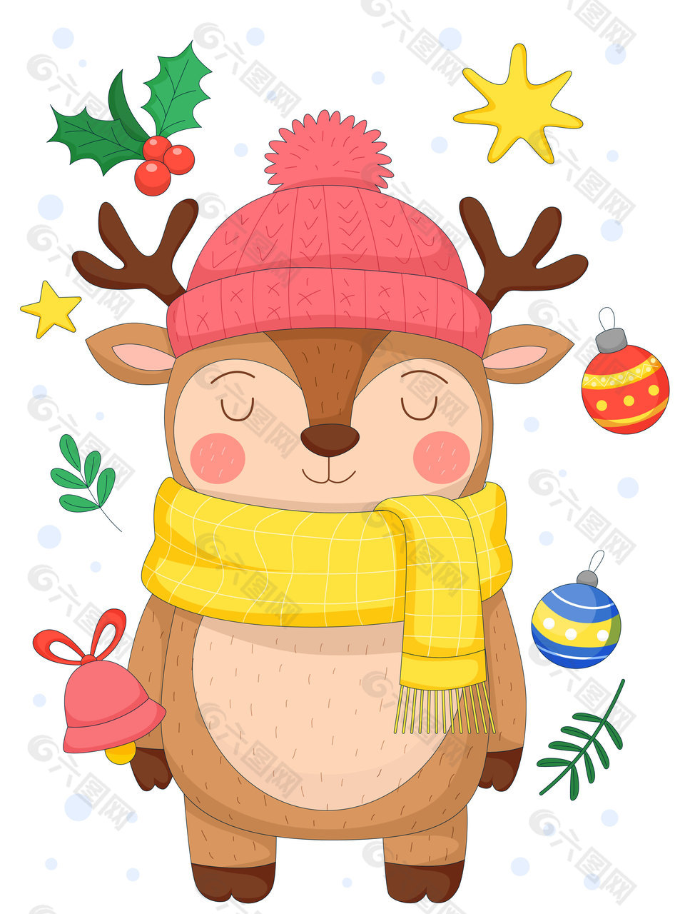 冬季卡通小麋鹿戴帽子圍巾兒童插畫
