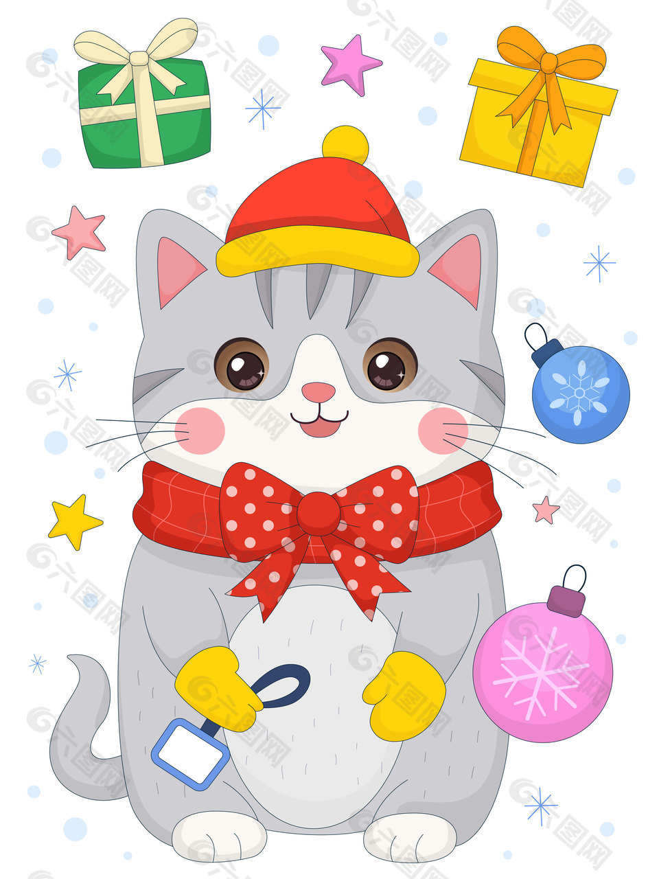 冬季卡通小貓戴帽子圍巾手套插畫
