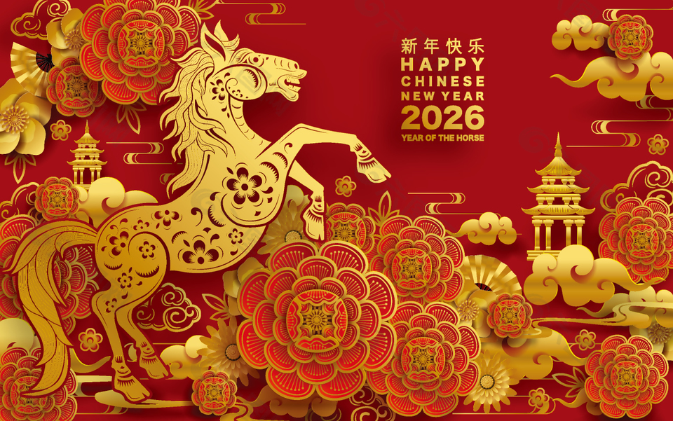 紅色喜慶馬年春節新年剪紙風節日展板