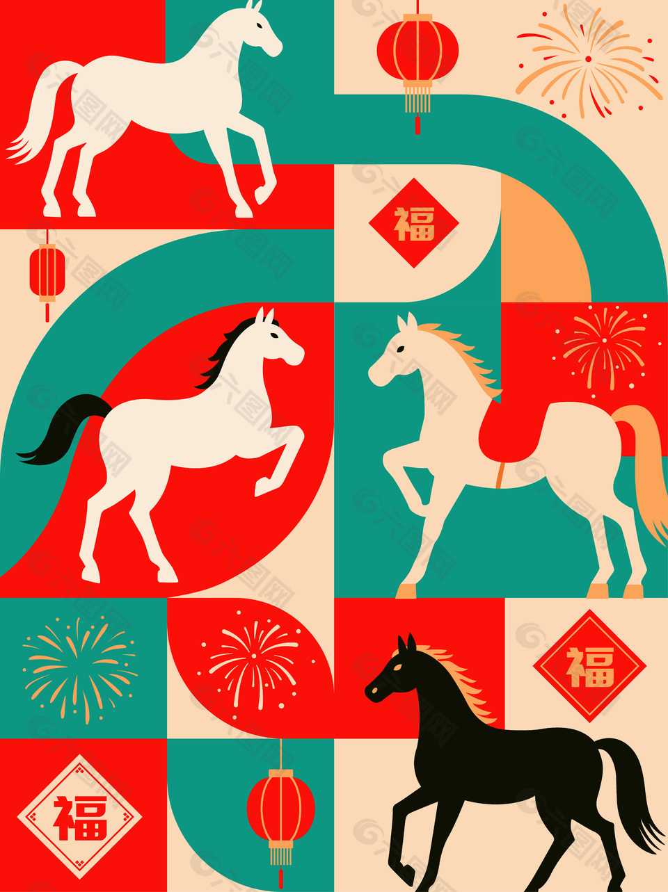 扁平風(fēng)馬年幾何拼接抽象背景