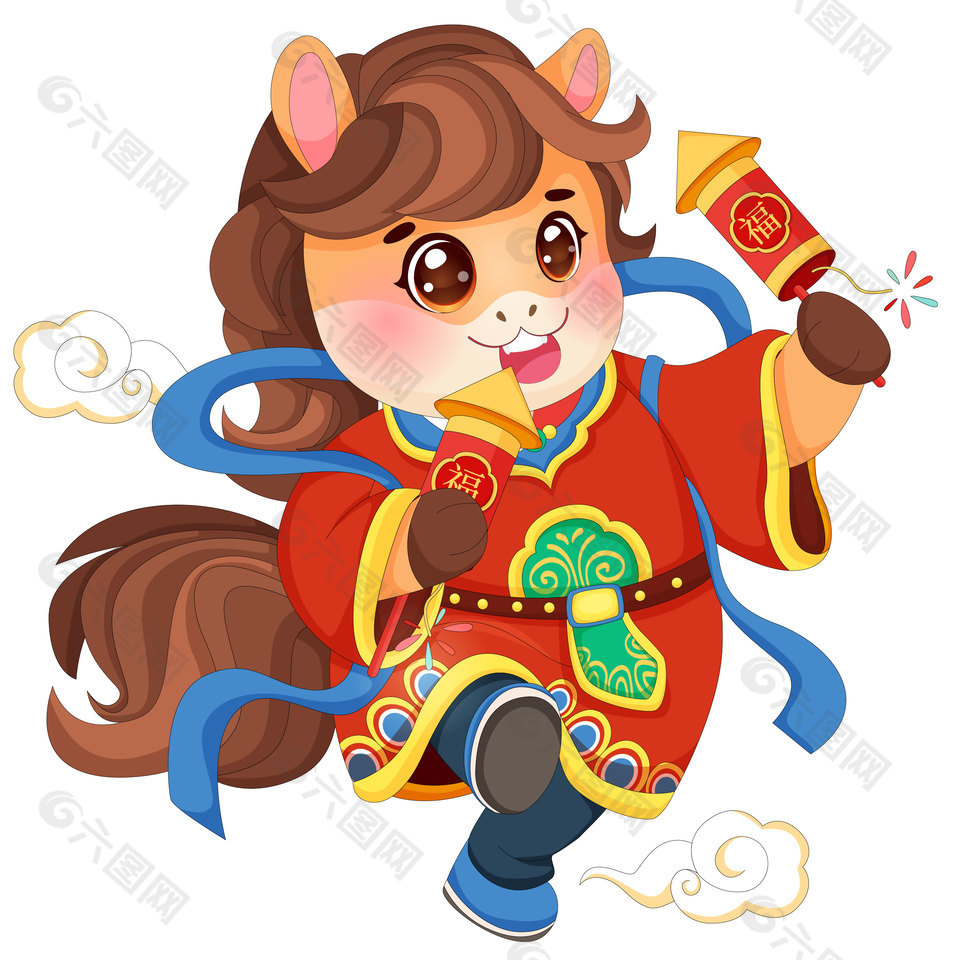 春節過年小馬駒開心放鞭炮好運連連節日插畫