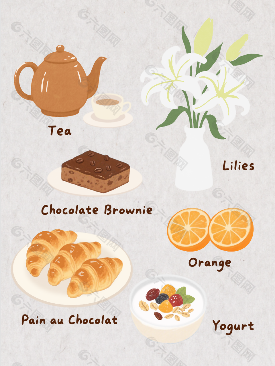 简约精致茶点花卉优雅组合插画