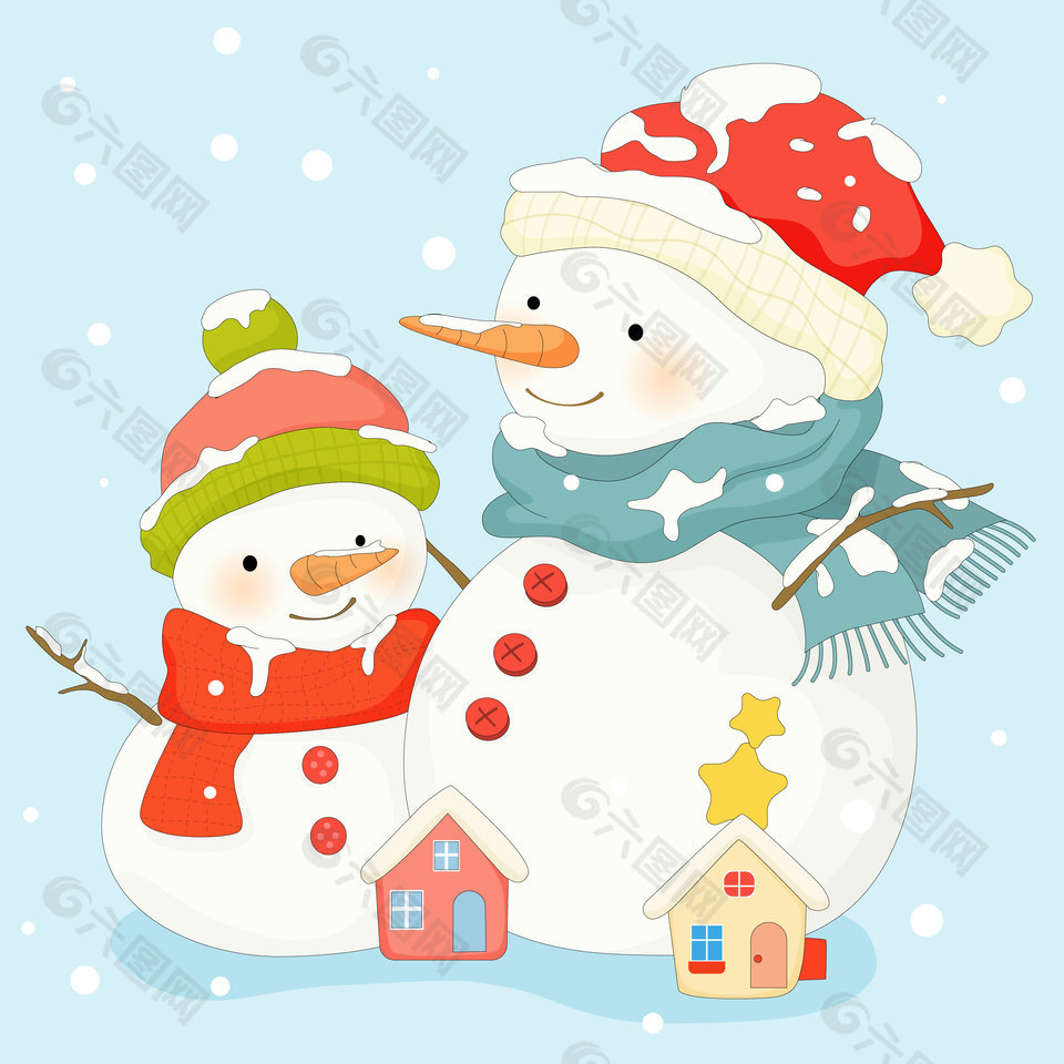 寒冷冬日可愛雪人嬉戲兒童插畫