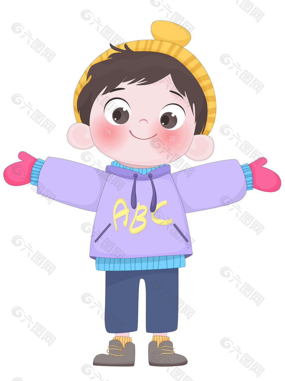 小男孩穿紫色保暖冬裝卡通插畫(huà)