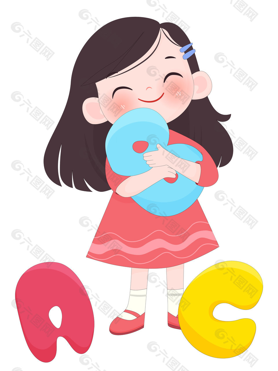 小女孩抱彩色英文字母兒童教育插畫
