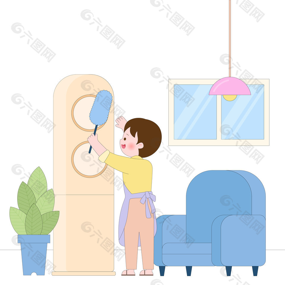 家庭大掃除雞毛撣子清理打掃卡通插畫(huà)