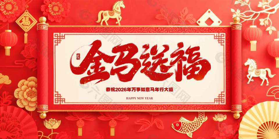 中國(guó)風(fēng)金馬送福新年快樂(lè)節(jié)日展板