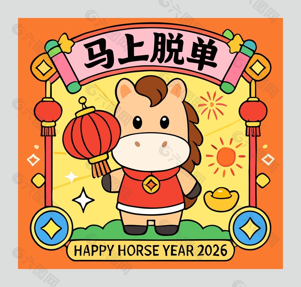 2026新年快樂馬上脫單卡通插畫