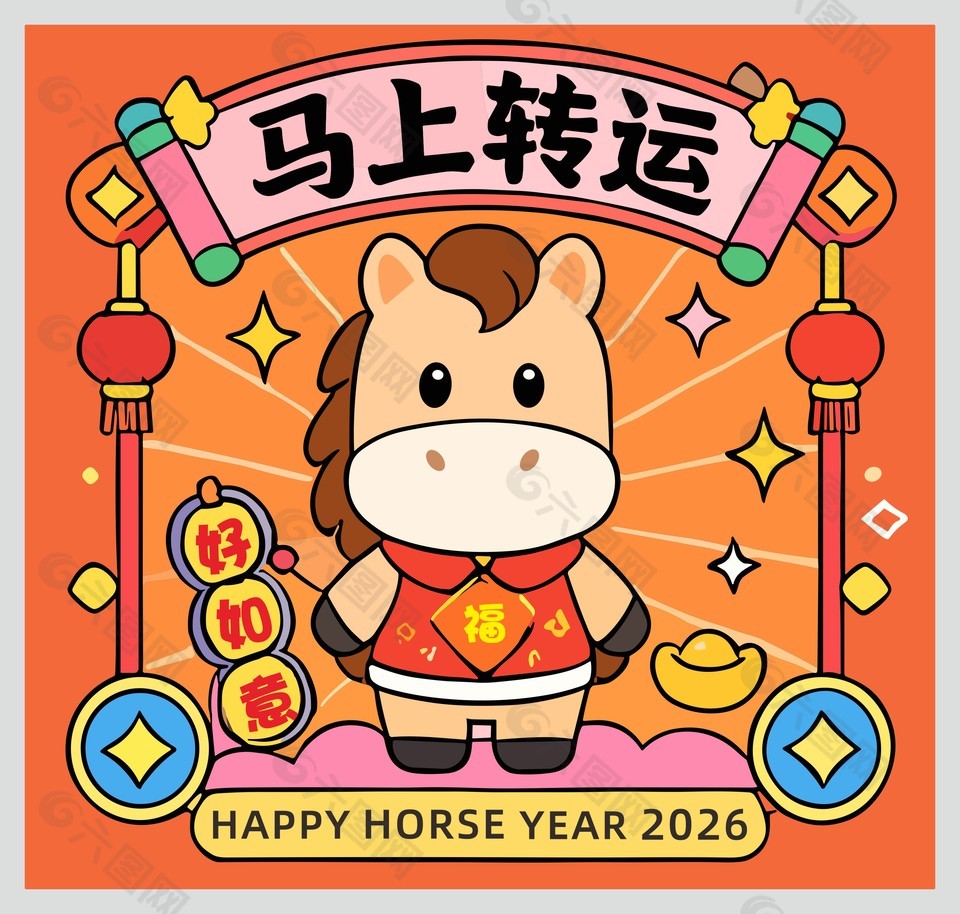 2026年馬上轉(zhuǎn)運(yùn)可愛卡通插畫