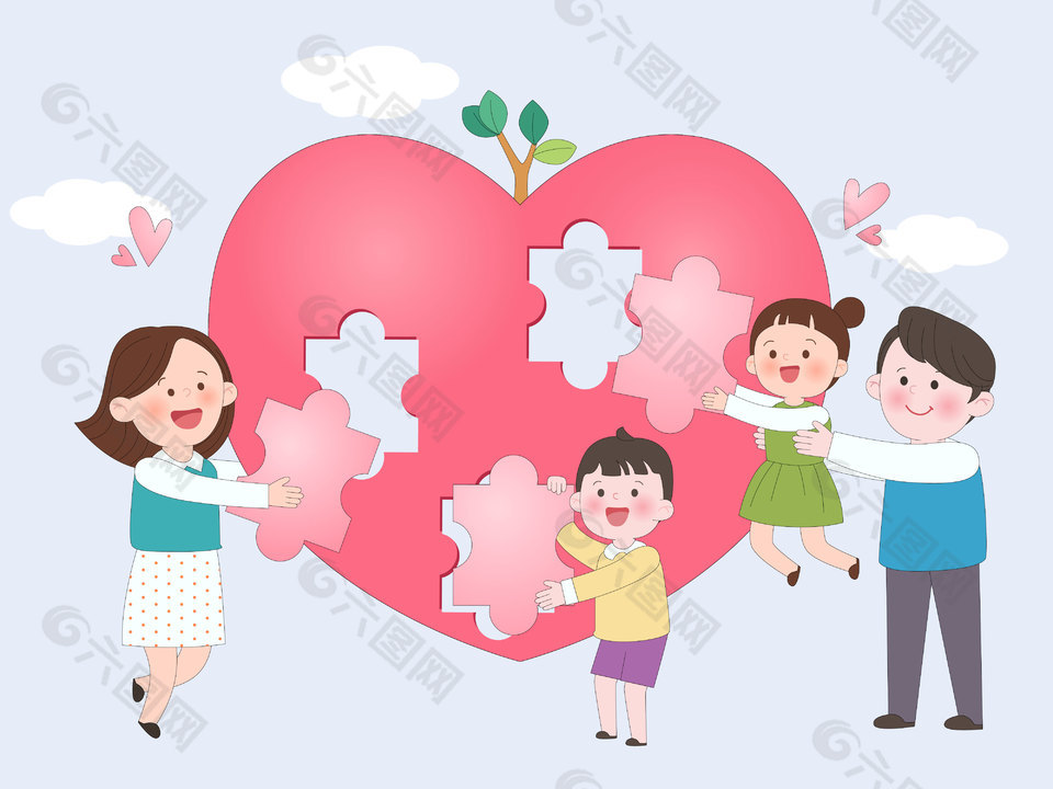 愛心拼圖呵護(hù)孩子心理健康親子插畫
