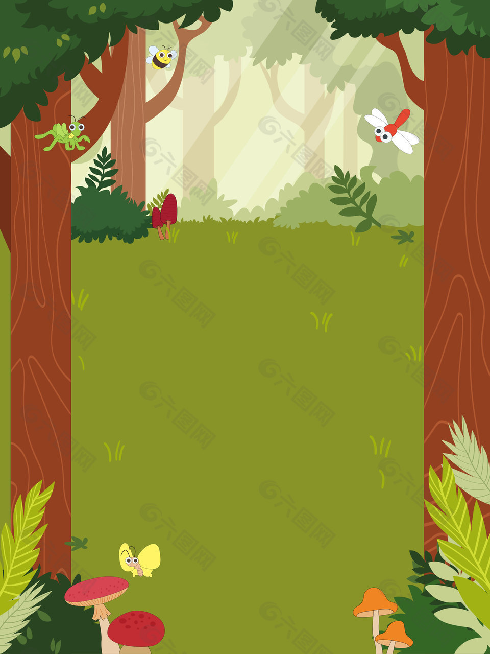 春天森林探險昆蟲可愛卡通邊框