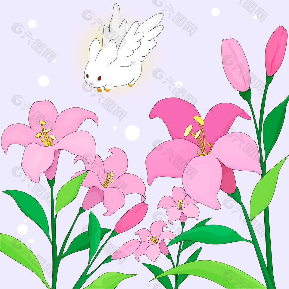春天粉色百合花小精靈卡通兒童插畫