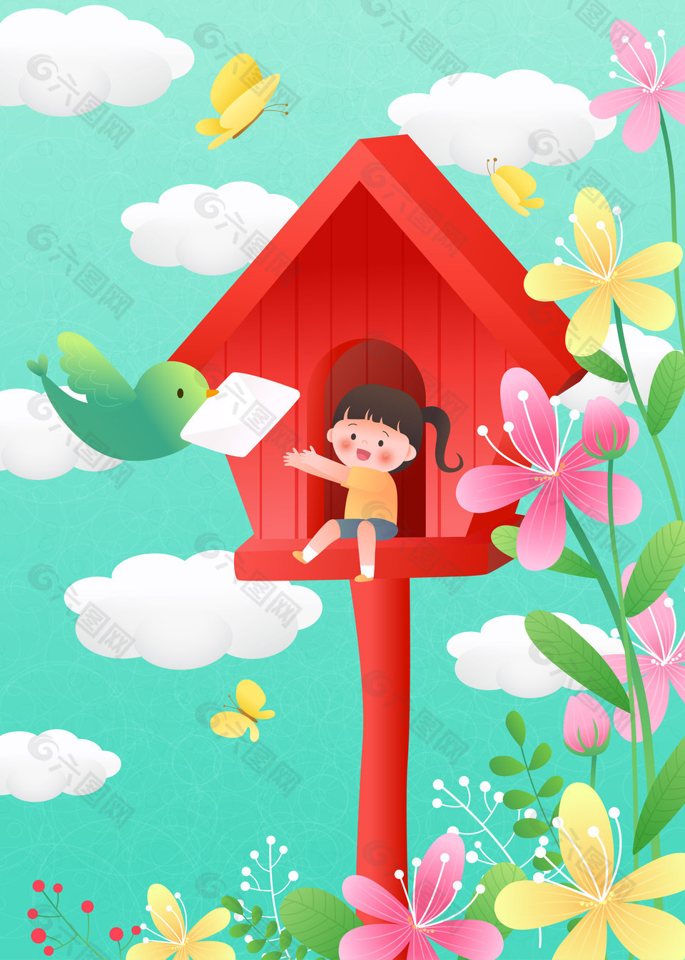 小女孩花园木屋收信快乐童年插画设计