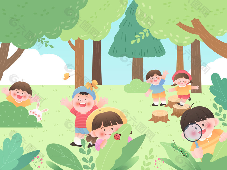 小朋友森林探险观察昆虫童年教育插画设计