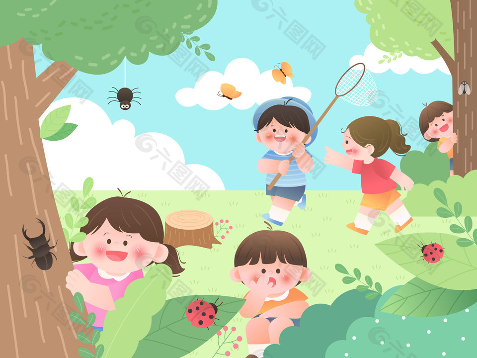 儿童节小伙伴森林探险昆虫教育插画设计