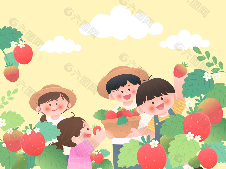 儿童节亲子活动农场采摘草莓教育插画设计