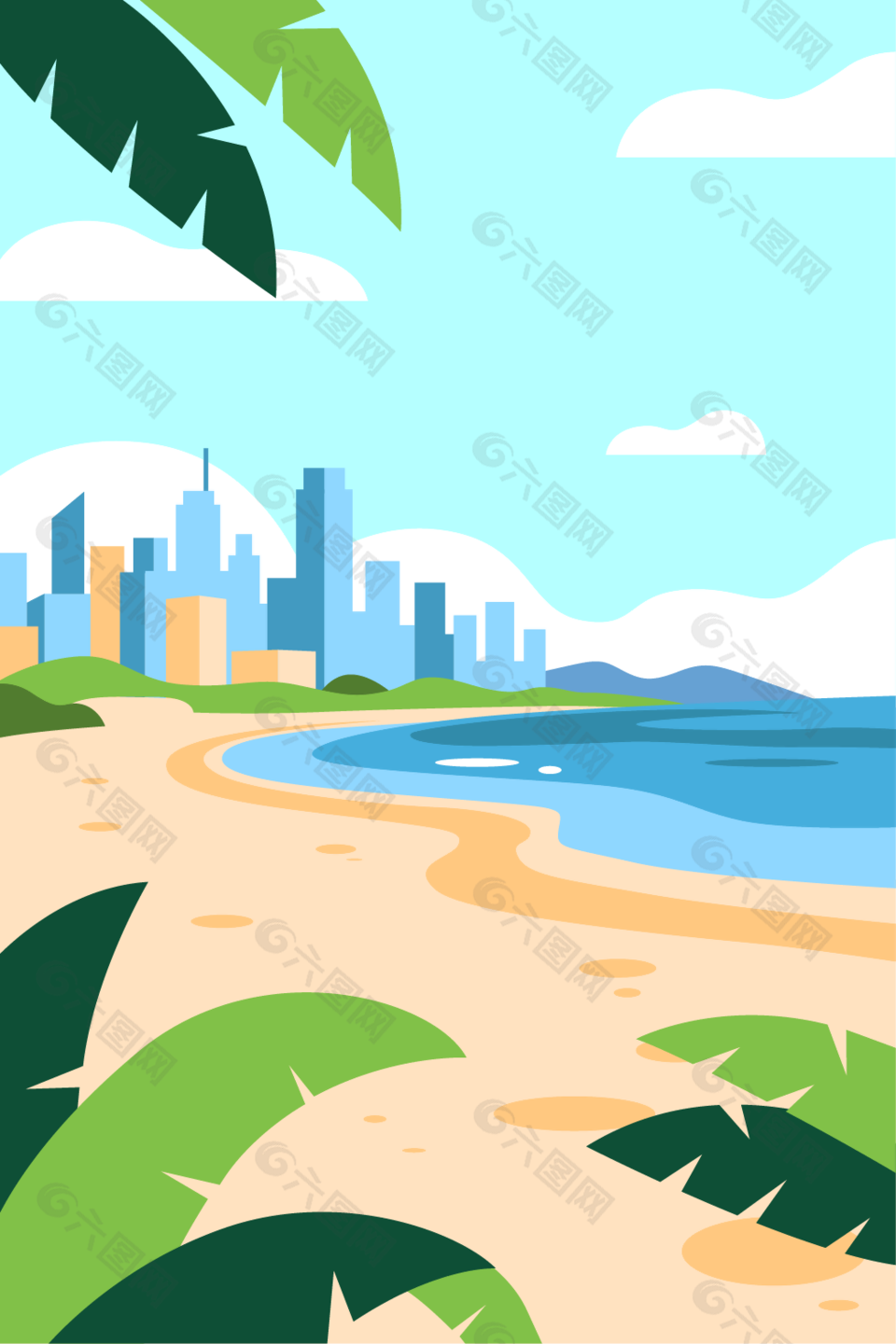 夏日海灘度假風(fēng)景矢量插畫設(shè)計(jì)