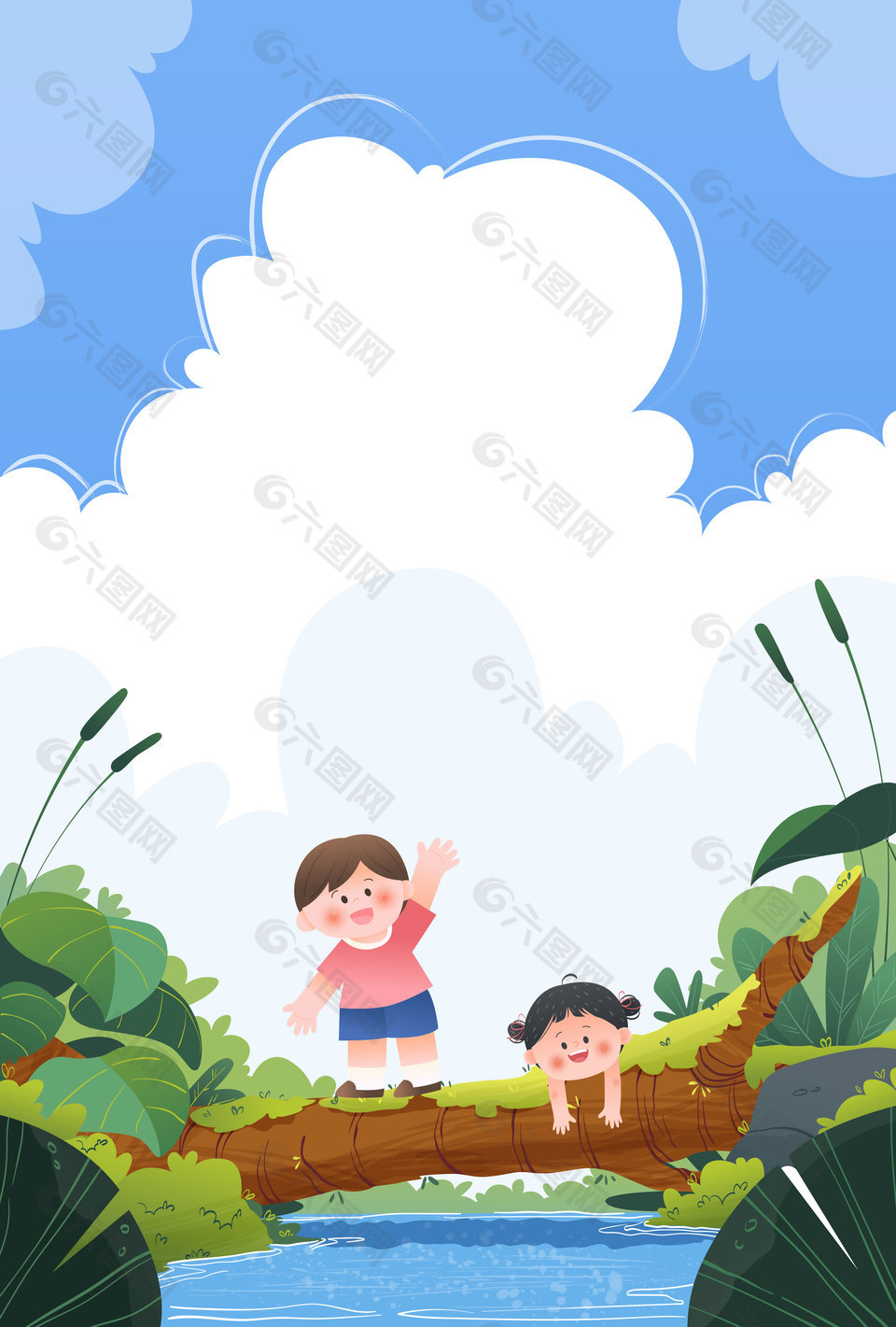 夏季小朋友溪流邊玩耍嬉戲兒童插畫背景
