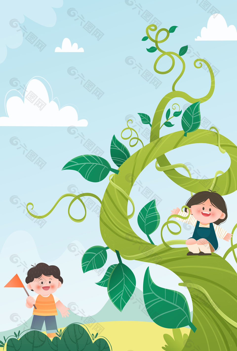 小朋友嬉戲玩耍爬藤蔓背景插畫設(shè)計(jì)