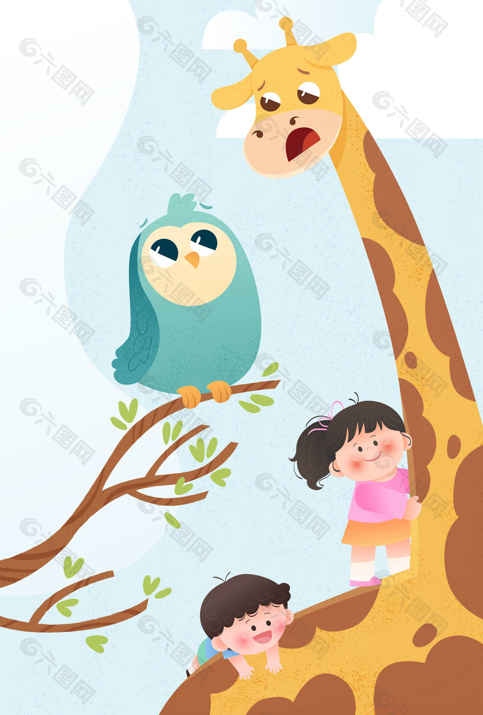 手繪卡通動(dòng)物與孩子互動(dòng)場(chǎng)景插畫設(shè)計(jì)