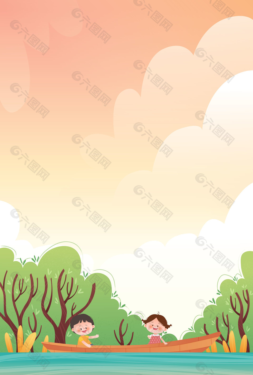 夏季森林里小伙伴劃船玩耍兒童插畫背景設(shè)計