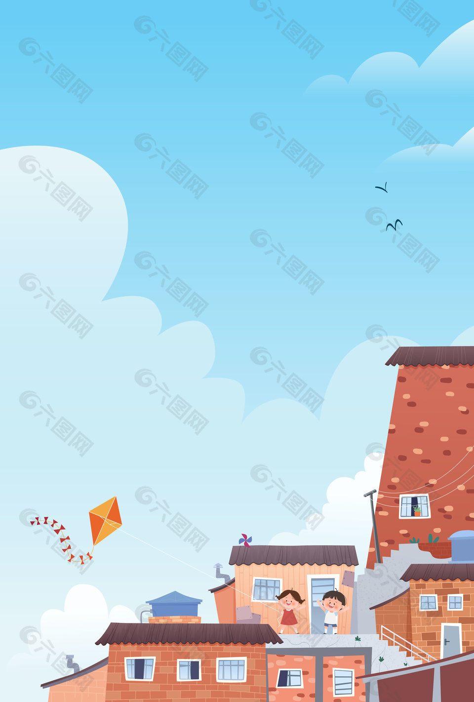 小伙伴屋頂放風(fēng)箏玩耍兒童插畫背景設(shè)計(jì)