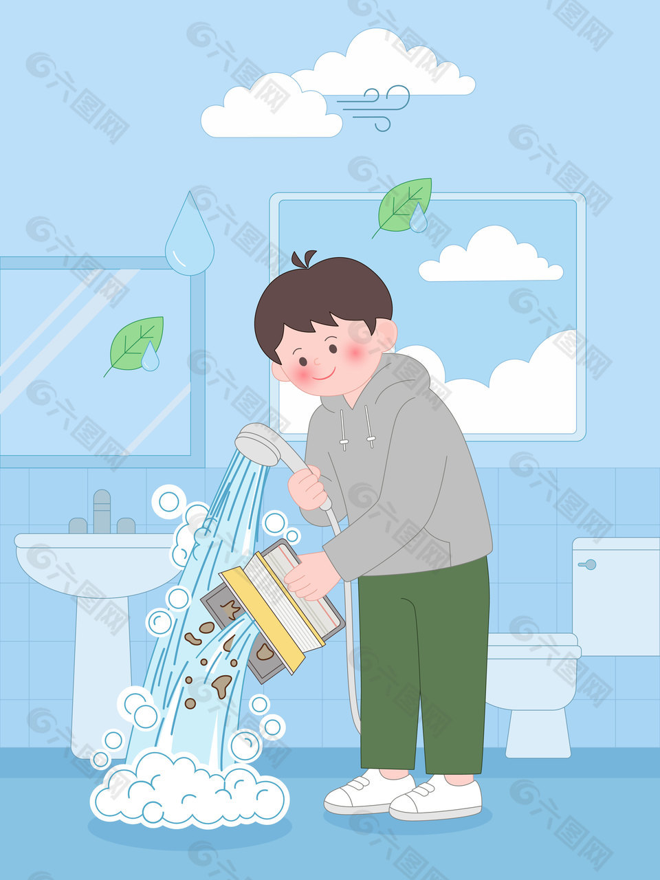衛(wèi)生間清理空調(diào)濾芯場景插畫設(shè)計(jì)