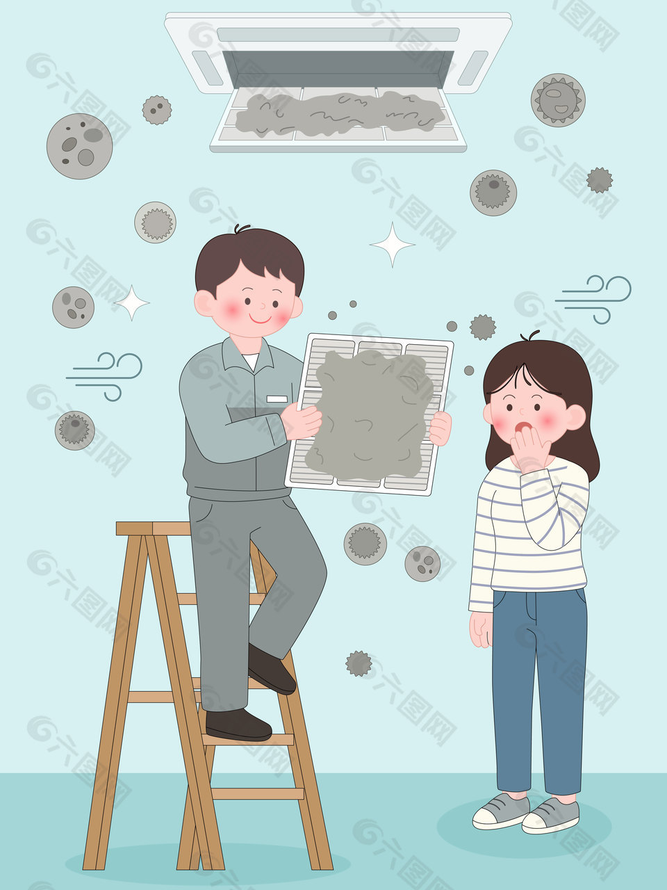 空調清理濾網(wǎng)灰塵細菌手繪插畫設計