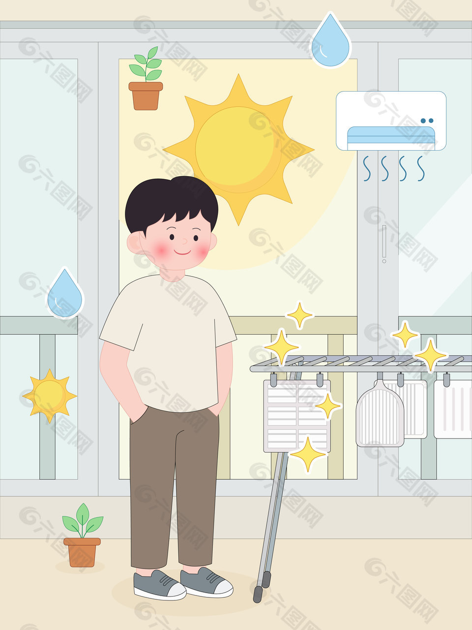 做家務(wù)陽臺(tái)晾曬衣物生活日常卡通場景插畫