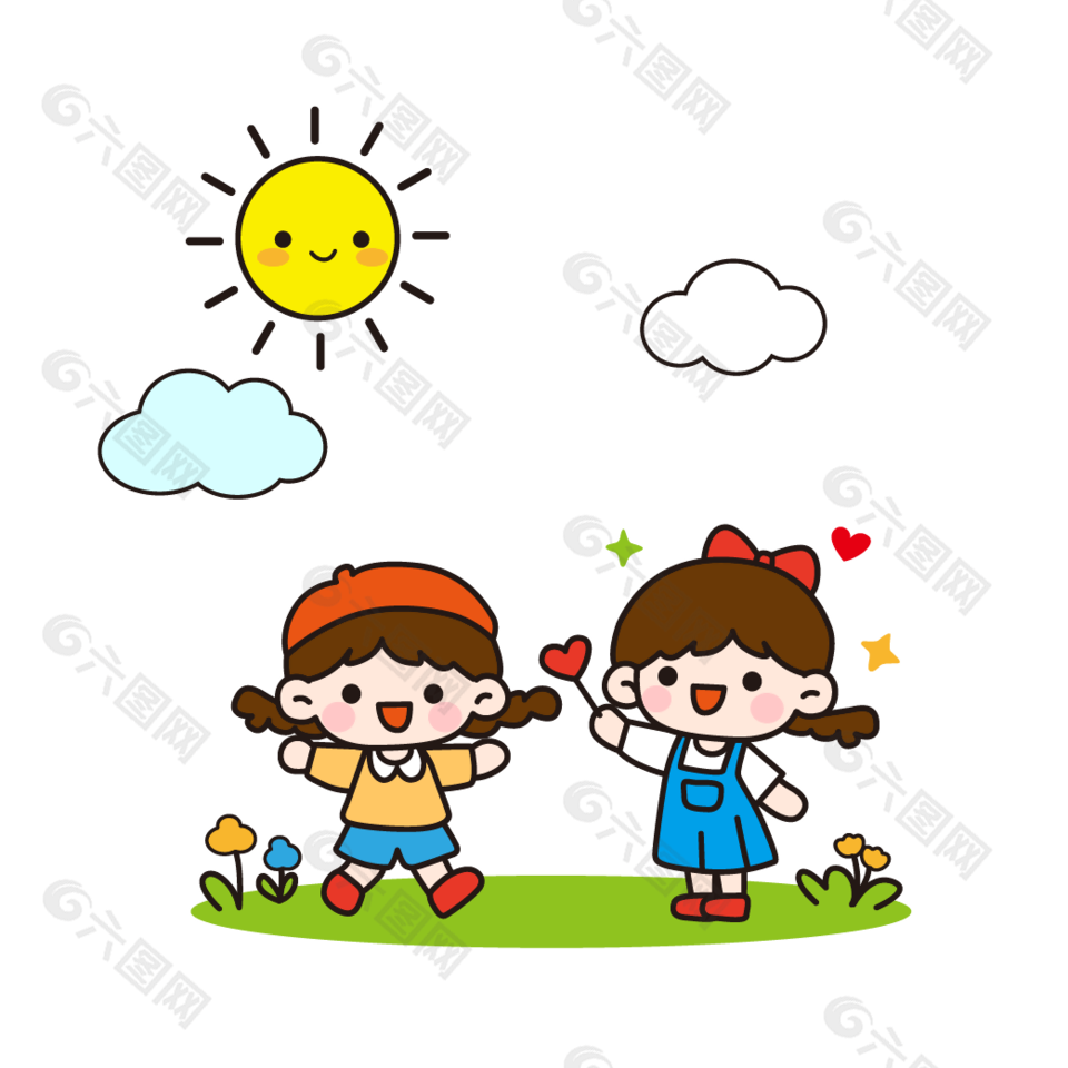 草地上玩耍的小朋友手繪卡通插畫