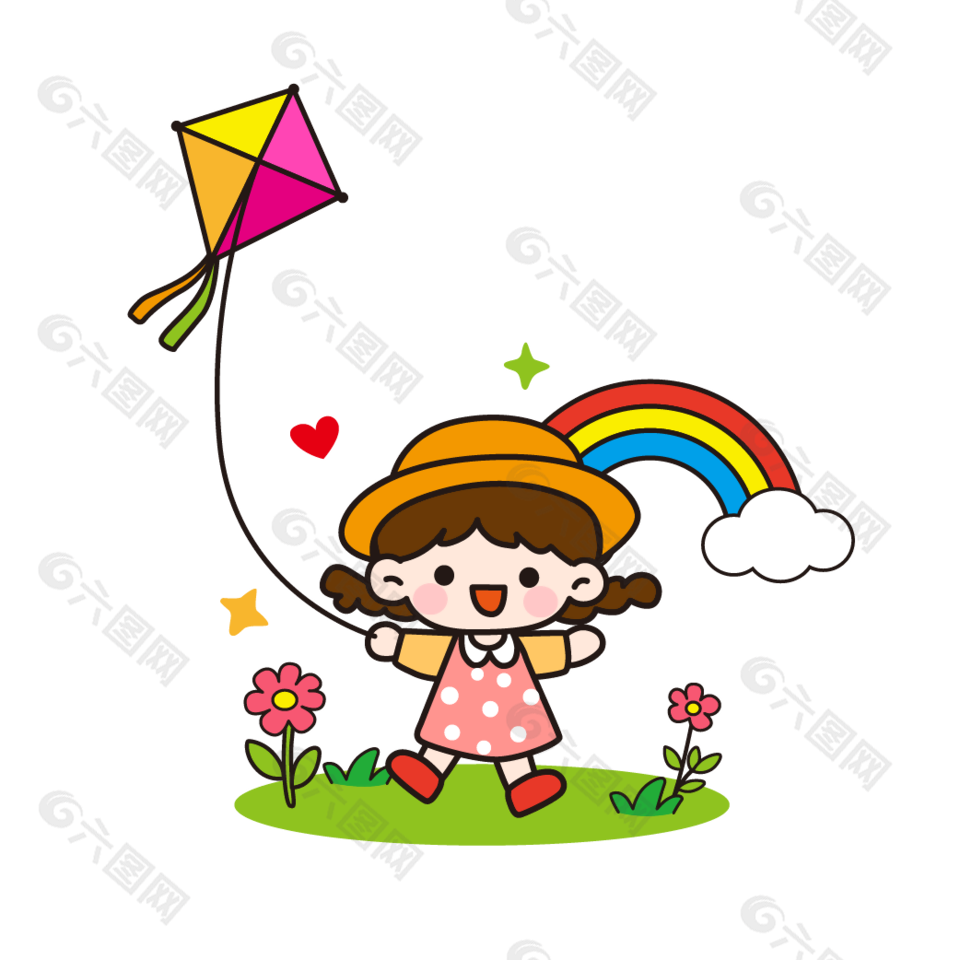 放風(fēng)箏的可愛小女孩兒童插畫設(shè)計(jì)