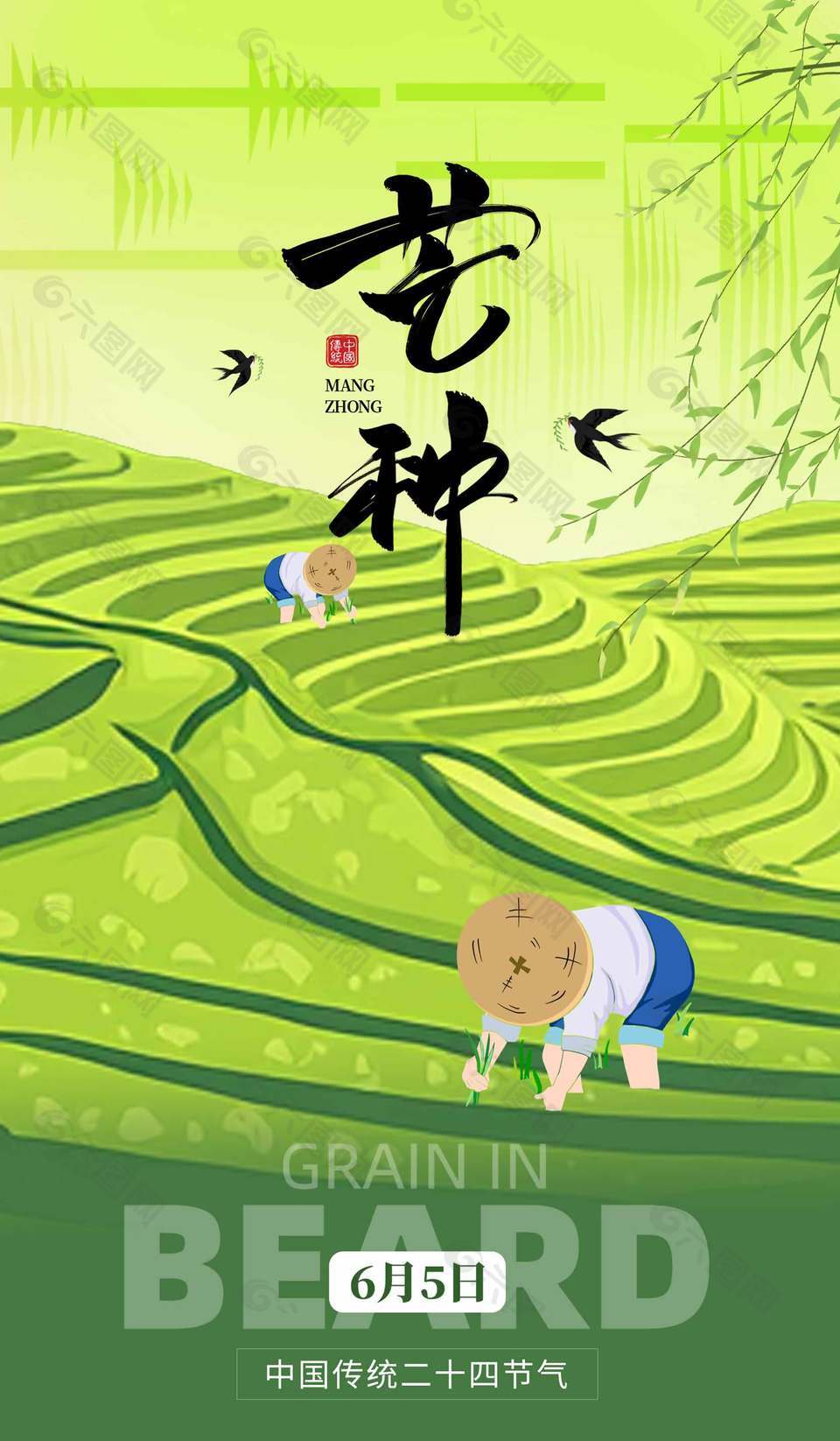 中國傳統(tǒng)二十四節(jié)氣芒種農(nóng)民耕作插畫風(fēng)海報(bào)
