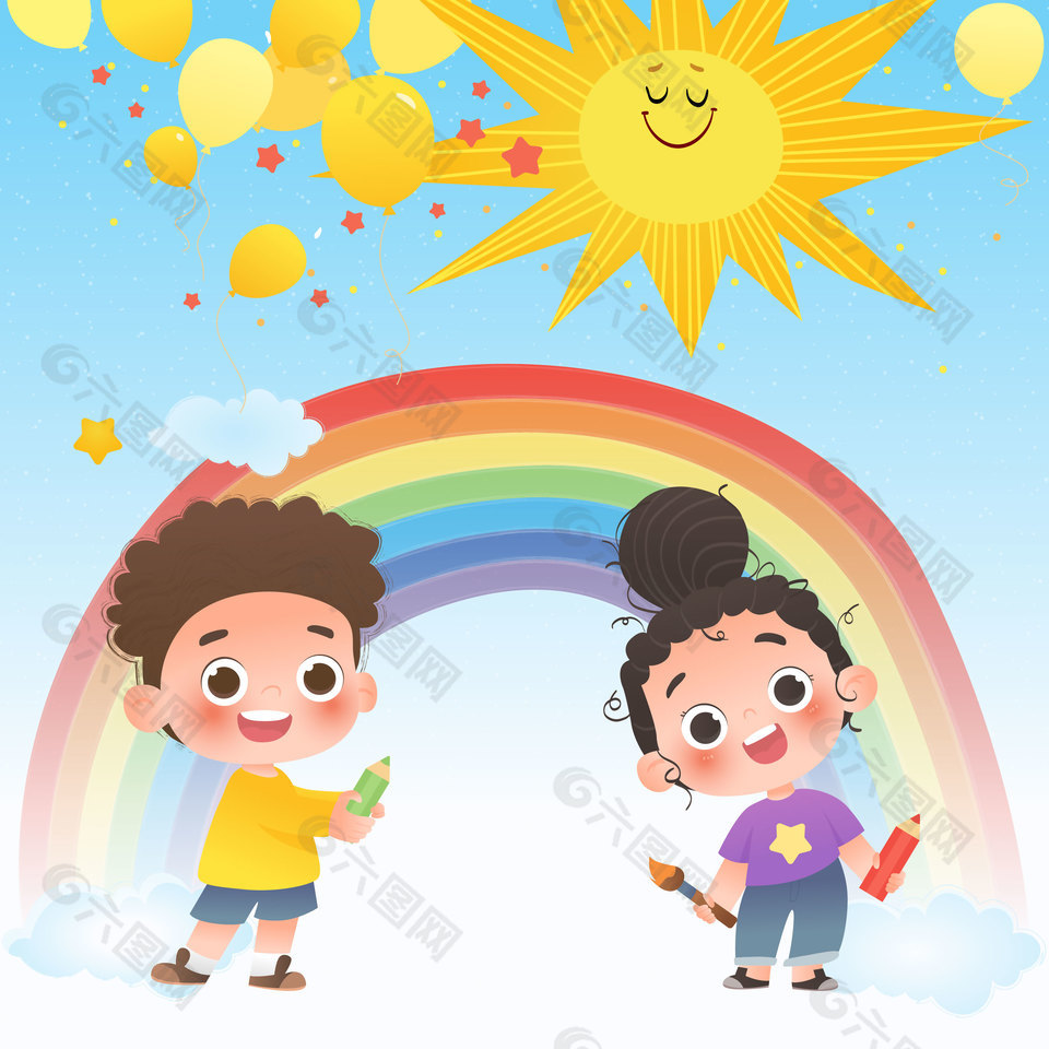 兒童節(jié)小朋友畫彩虹太陽氣球慶祝節(jié)日插畫