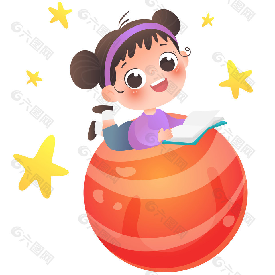 女孩宇宙星球閱讀卡通兒童插畫設(shè)計(jì)