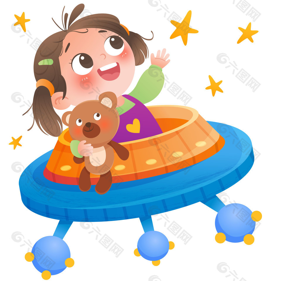 太空主題坐宇宙飛船的小女孩兒童插畫設(shè)計