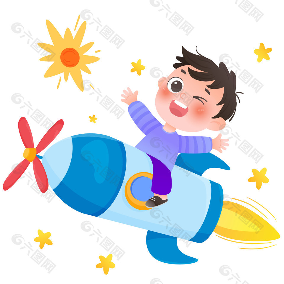 太空宇宙探索坐火箭飛船的小男孩卡通插畫