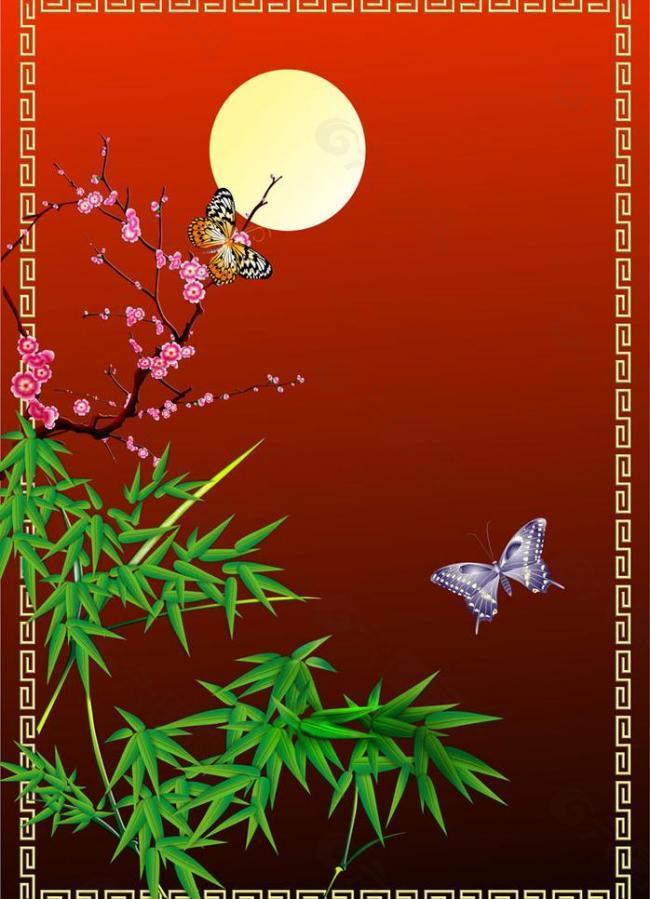竹梅燕子蝴蝶月亮图片