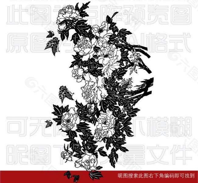 中国风牡丹花线稿花纹图片