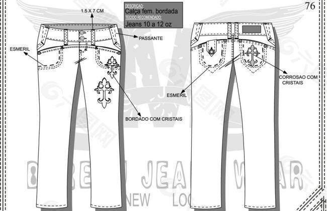 牛仔裤设计手稿 低插袋贴章图片