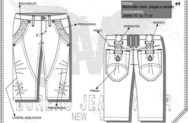 牛仔短裤设计手稿前插袋宽收褶图片