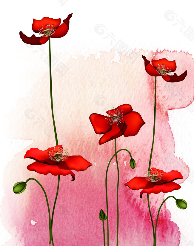红色花朵手绘移门图片
